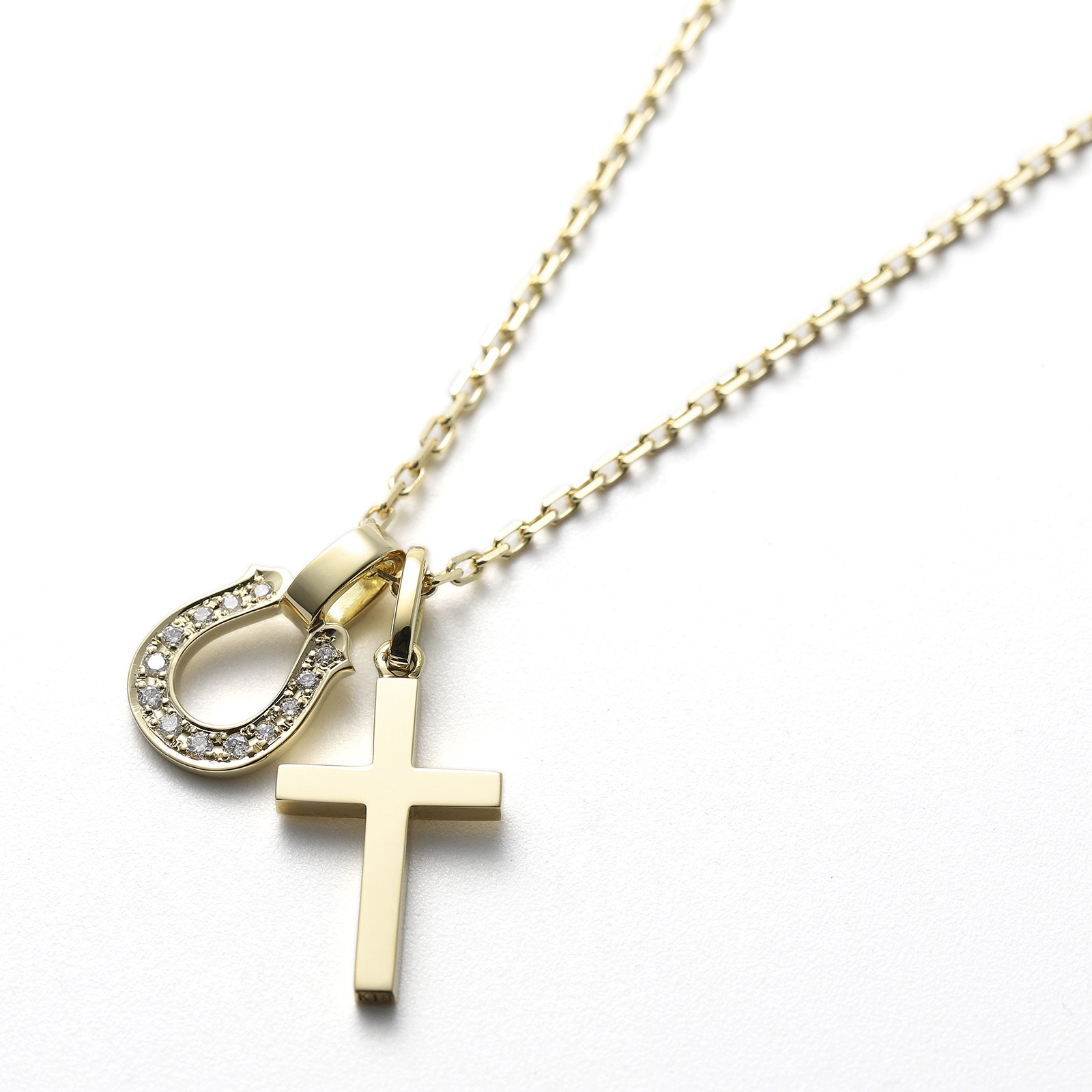 Small Horseshoe Pendant w/Diamond + Simple Cross Pendant Small - K18Yellow Gold Set Necklace