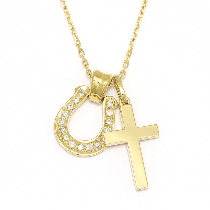 Large Horseshoe Pendant + Simple Cross Medium Set Necklace - K18Yellow Gold  w/Diamond（ラージホースシューペンダント＋シンプルクロス ミディアム セットネックレス - K18イエローゴールド