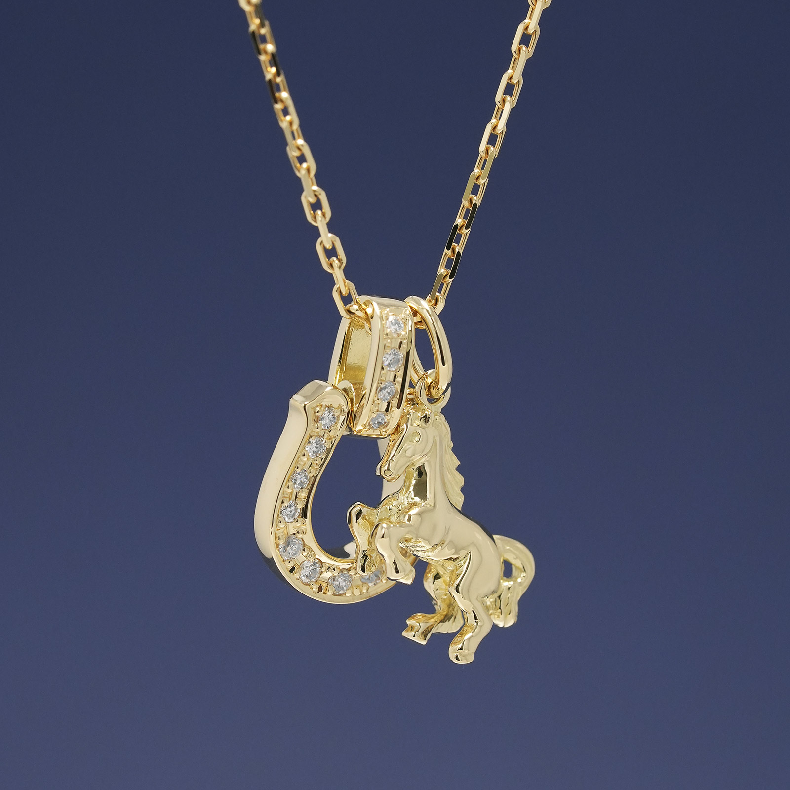 Medium Lux Horseshoe Pendant + Small Horse Charm - K18Yellow Gold w/Diamond Set Necklace